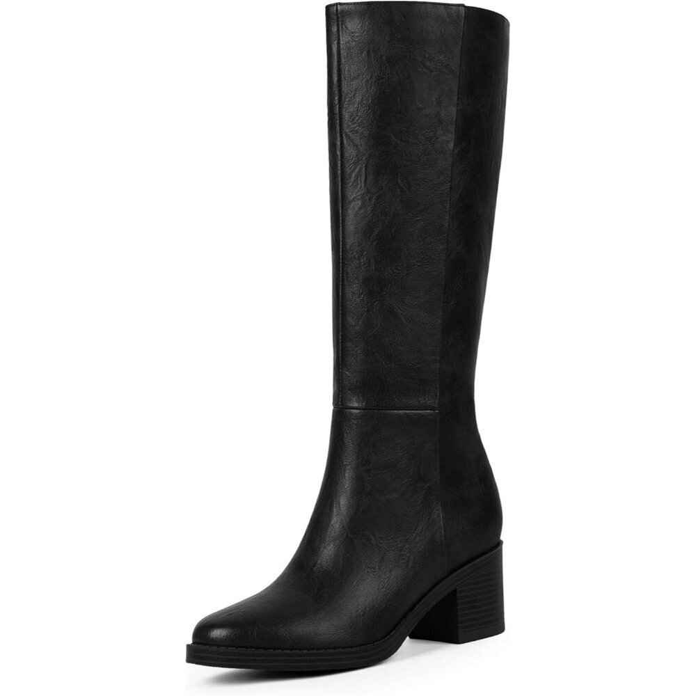 Women's Retro Black 2.56" Chunky Heel Round Toe Side Zipper Knee High Boots - Picture 1 of 7